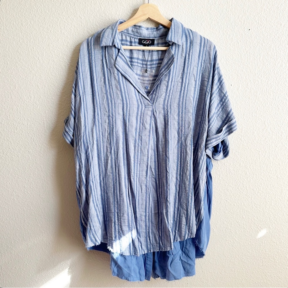 NWT GiGio Blue High Low Vneck Blue Blouse Tunic Women’s Size Small